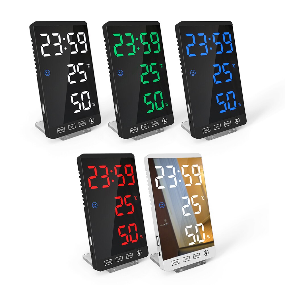 Mirror LED Alarm Clock Touch Button Digital Clock LED Time Temperature Humidity Display USB Output Port Table Clock