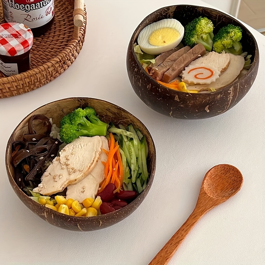 1/2/4 juegos de cuencos de cáscara de coco con cucharas, contenedor de postre de arroz, fruta, yogur, ensalada, vajilla de madera para el hogar y la cocina