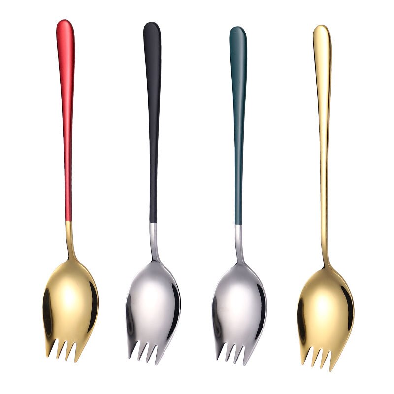 2Pcs Fork Spoon 2 In 1 Multi-function Camping Tableware Stainless Steel Cutlery Salad Spoons Unique Spoons Gold Dessert Spoon