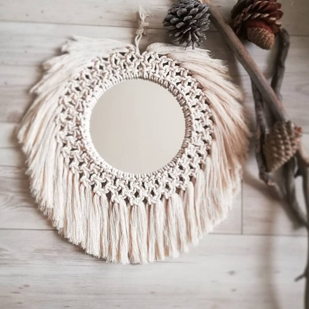 Macrame espelho artesanal tapeçaria maquiagem espelho charme iluminado compacto casa quarto decorativo parede pendurado espelhos decoração da sua casa