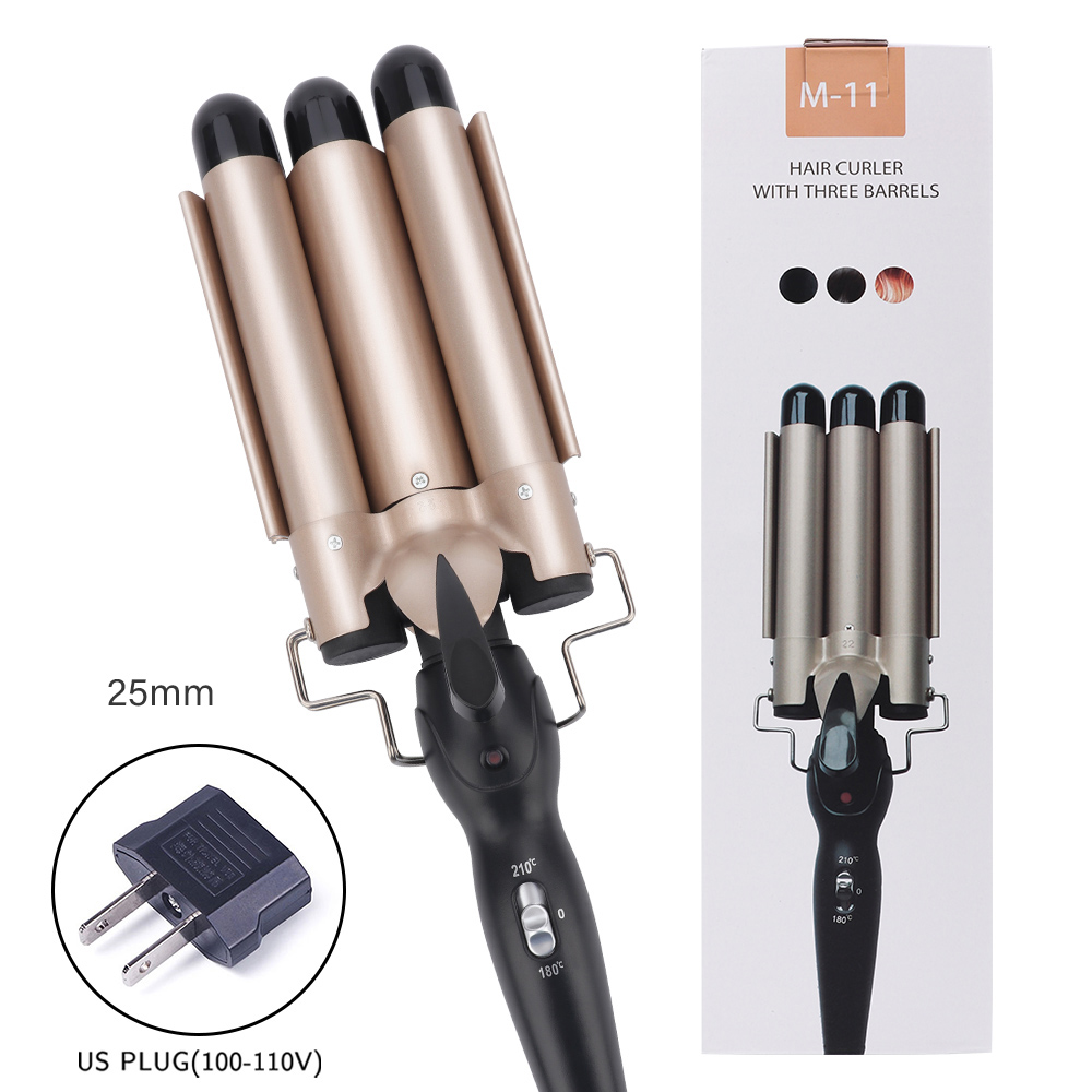 Prancha modeladora de cachos profissional, aparelho de ferro e cerâmica para encaracolar e ondular o cabelo, modelador de cabelos com três cilindros: 25MM US PLUG