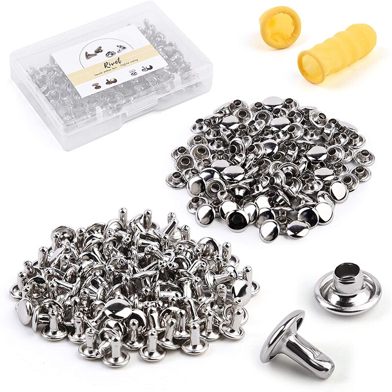 MIUSIE 100 Sets Leather Rivet Tubular Metal Rapid Rivet Studs Double Cap Rivets With Box For DIY And Leather Crafts: Type 3