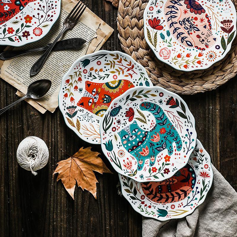 Assiette en céramique 8 pouces plats ronds Carton assiette chat vaisselle de ménage assiettes à dîner assiette à Dessert plateau à Dessert fleur