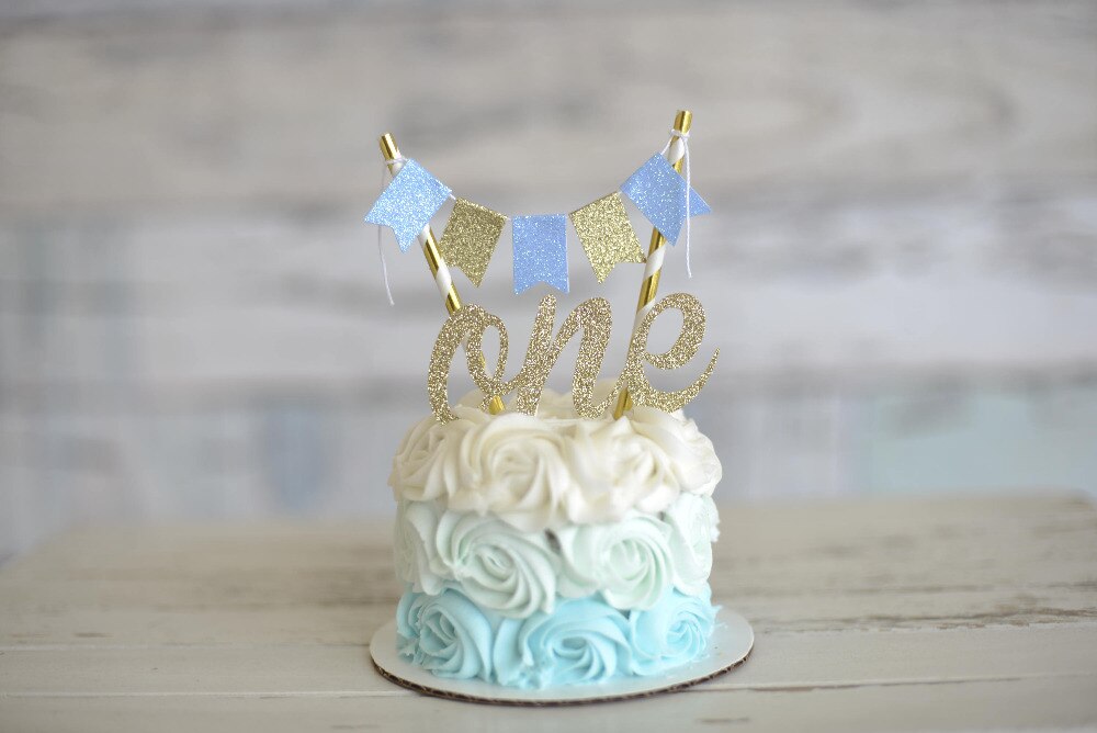 Números personalizados oro azul chico un pastel de adorno, primer pastel de cumpleaños, un juego de torta aplastada (Topper de pastel y pancarta)
