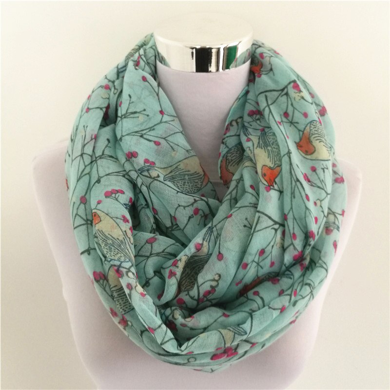 Ring tørklæde til kvinder soft loop tørklæde himmelblå hvide fugle print infinity tørklæder foulards snood til damer foulard