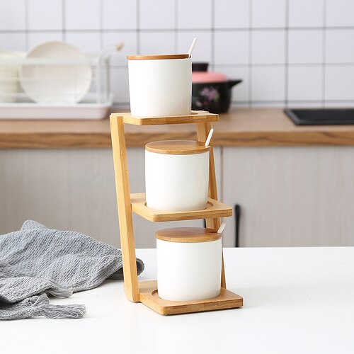 1/pcs Keramische kruiden jar trapeziumvormige bovenste en onderste laag bamboe plank Huishoudelijke peper zout glazen pot Kruiden opslag doos: F