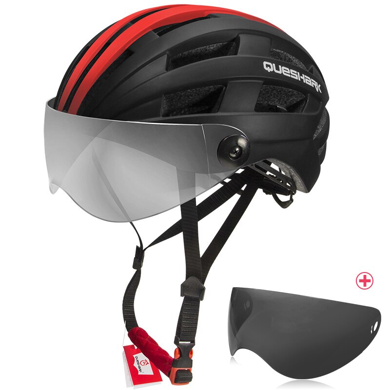 QUESHARK Männer Frauen Ultraleicht Radfahren Helm MTB Rennrad Fahrrad Motorrad Reiten Abnehmbare transparent Objektiv Sicher Kappe QE116: Schwarz rot-2
