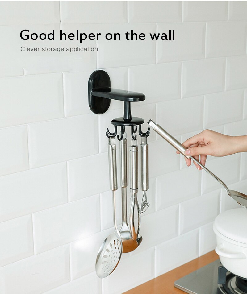 Rotated Hooks Wall-mounted 6 Hooks Home Door Handbag Clothes Ties Bag Hanger Kitchen Spatula Spoon Storage Hanging Rack