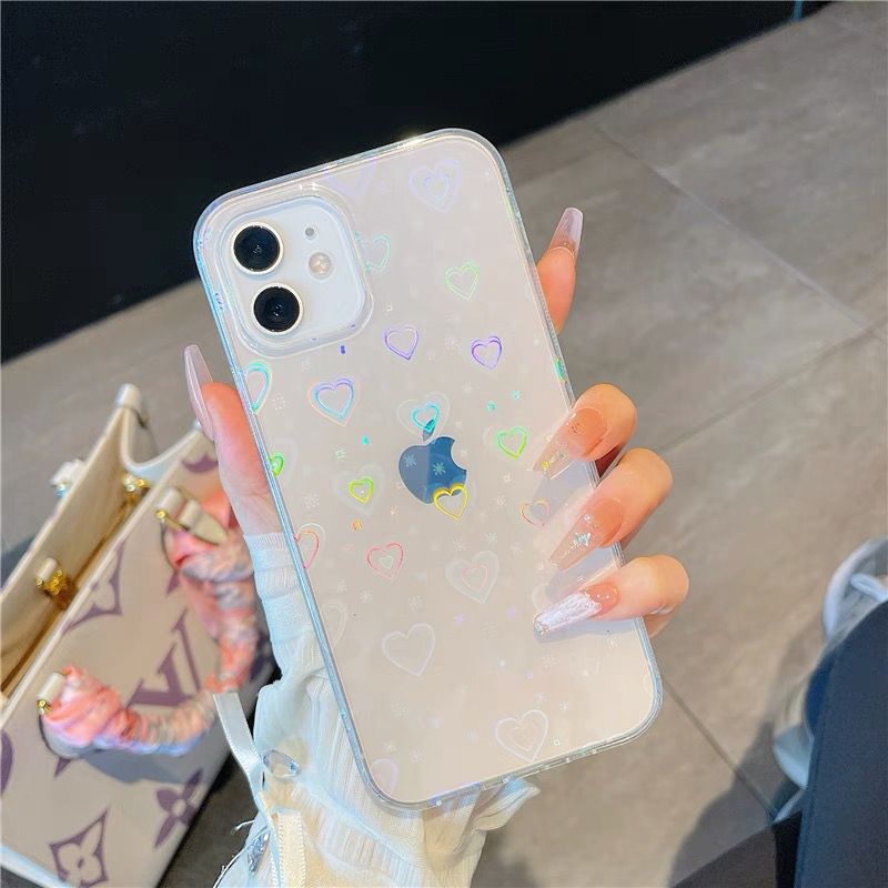 Holographic Heart Iphone Phone Case Clear Phone Case For 11 12 Pro Max X XS XR 7 8 Plus SE Shockproof Bumper