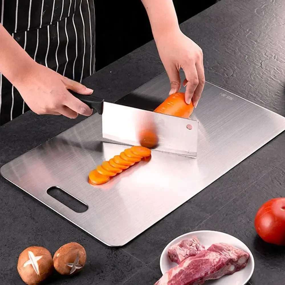 Tagliere a doppia faccia per cucina, in acciaio inox e paglia di