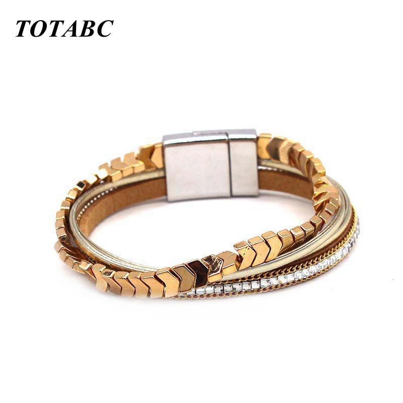 Totabc Multilayer Lederen Armband Voor Vrouwen Femme Cool Sluiting Polsband Wrap Armbanden Magneet Metalen Pulseira Sieraden