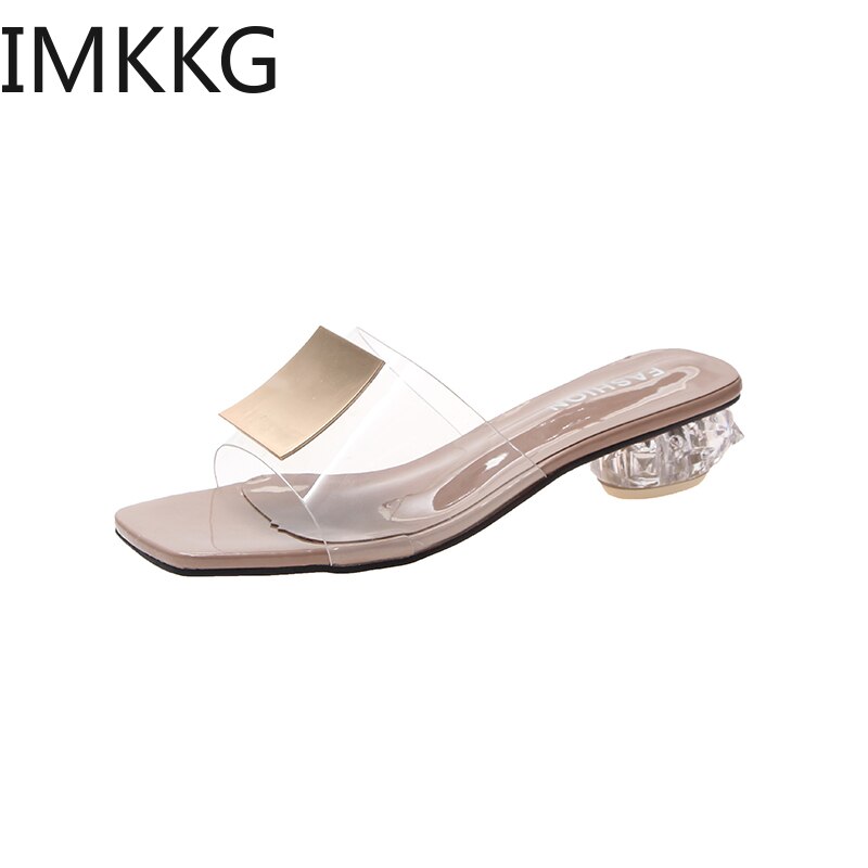 Mules en pvc pour femmes, pantoufles d'été, chaussures pour femmes, boucle en métal, transparentes, talons bas, diapositives de de personnalité