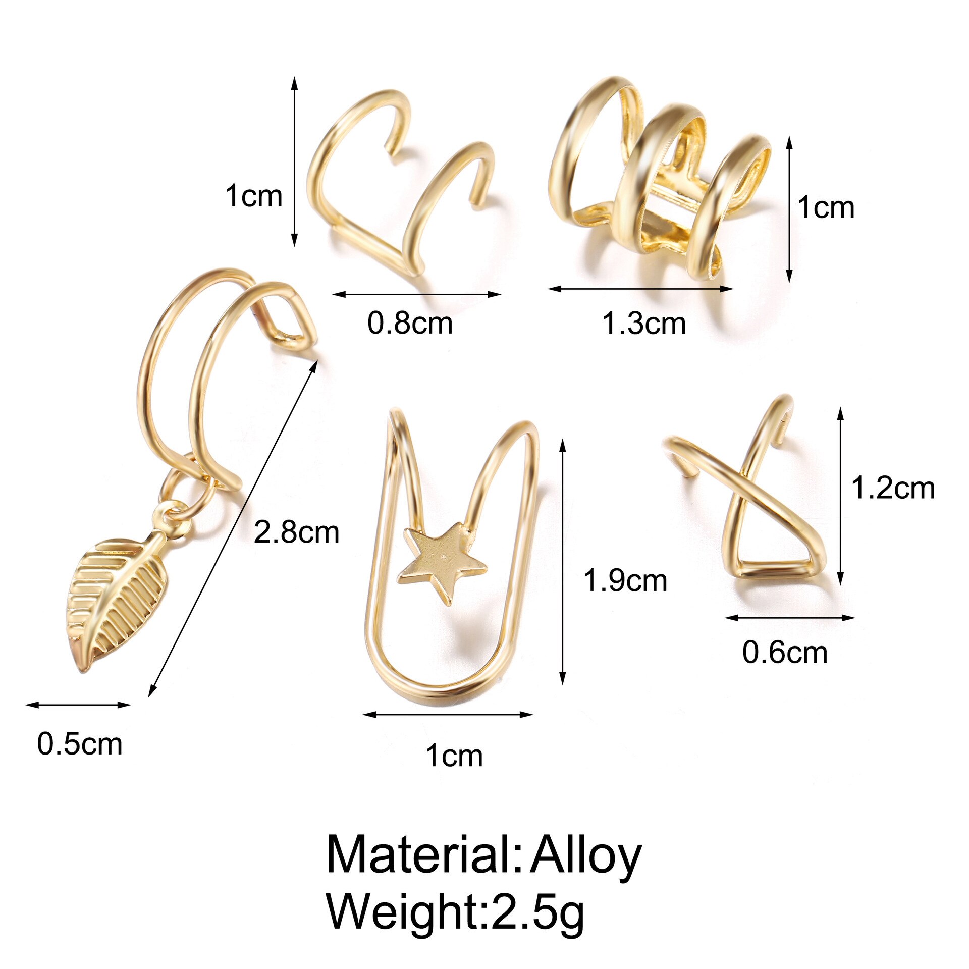 Beaudemo Clip Earrings 5 sets Suit Ear Cartilage Double C & U Shape Ear Clamp without Ear Hole: Gold-color