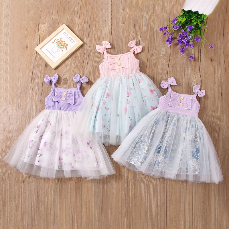 Abiti da festa per bambina Midi increspati Patchwork stampato floreale senza schienale senza maniche con stampa floreale