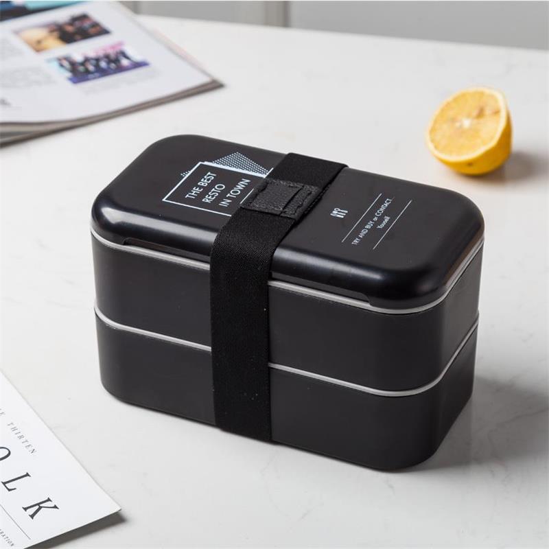 1000ml Portable 2 Layers Bento Box Food Container Plastic Leakproof Keep Warm Lunch Box Microwave Food Storage Box With Spoons: Black