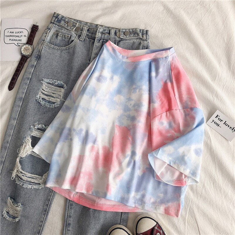 Style Plus sized O-neck Short Sleeve Sports Shirt Women -pang Tie Dye Print Summer Loose Tee Shirt