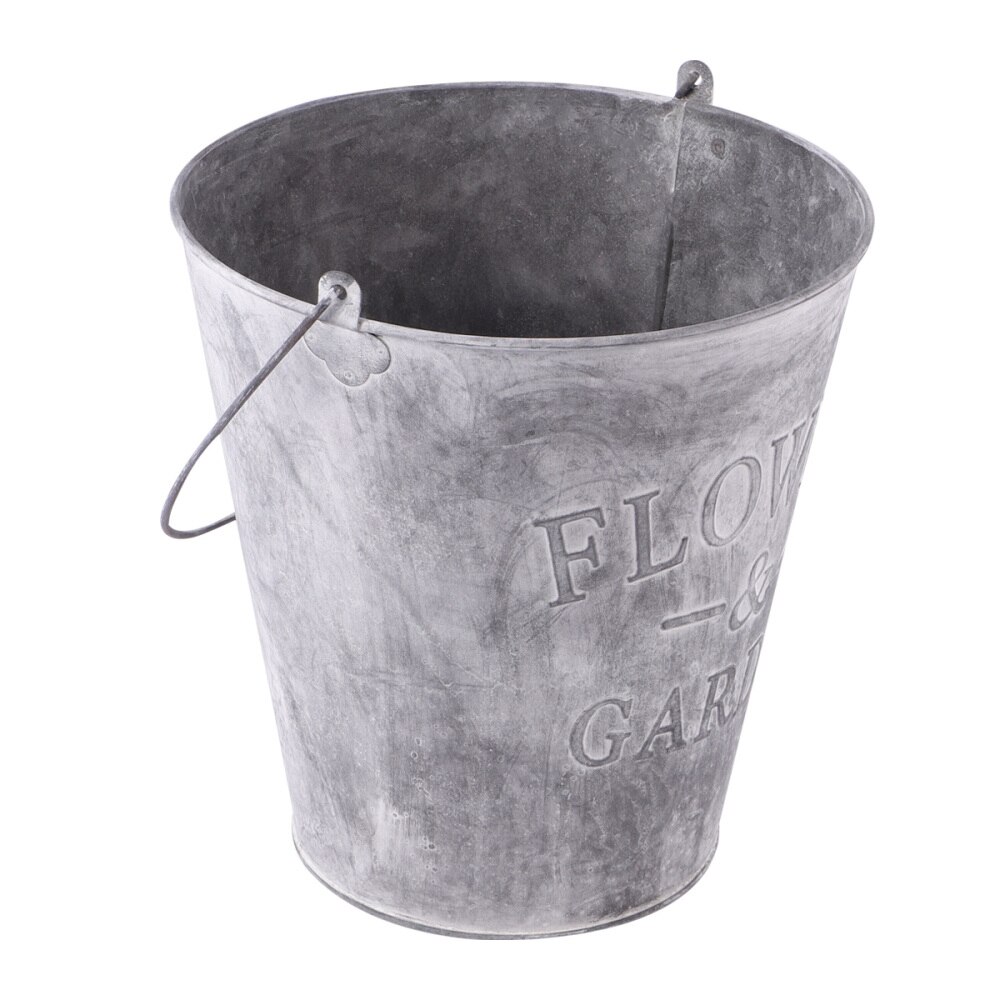 Garden Wrought Iron Pail Simulation Round Iron Bucket Flower Pot Metal Flower Bucket for Home - Size L(Light Grey)