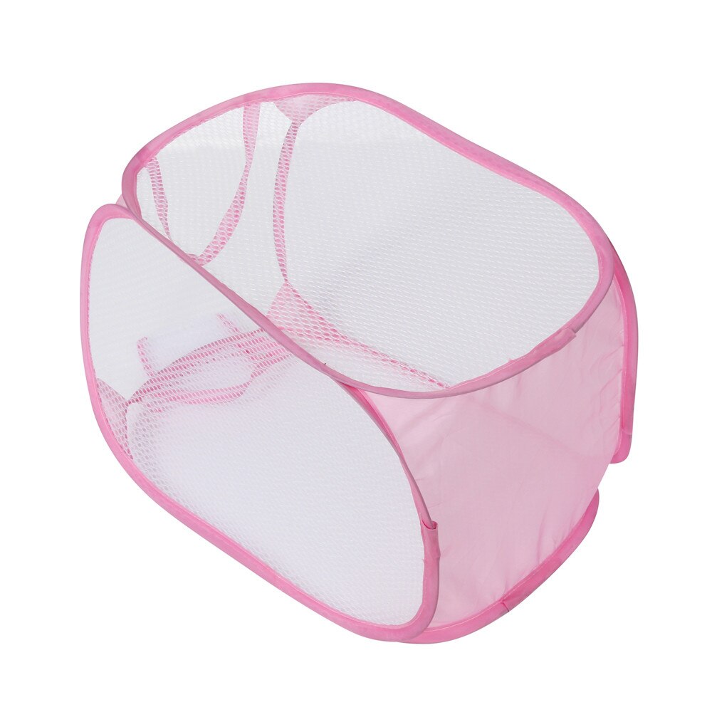 Laundry Foldable Square Basket Pop Up Hamper Clothes Storage Bin White Mesh Hamper Washing Clothes Laundry Basket Bag: Pink