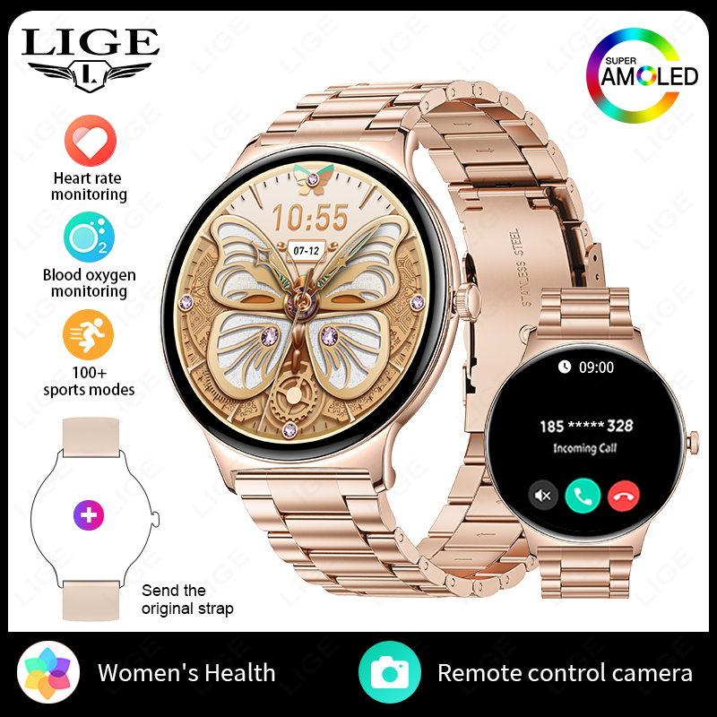 LIGE Nuovo Astuto Della Vigilanza Delle Signore 466*466 AMOLED HD Schermo Braccialetto di Salute delle Donne Quadranti Personalizzati Chiamata Bluetooth Sport Smartwatch Delle Donne: Black