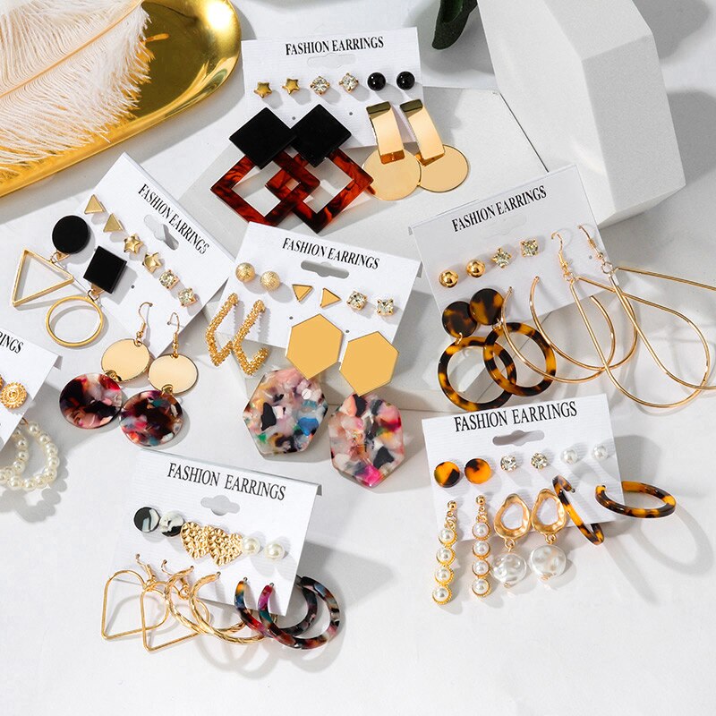 Statement Korean Acrylic Earrings Set Summer Geometric Pearl Tassel Acetate Earrings for Women Vintage Jewelry