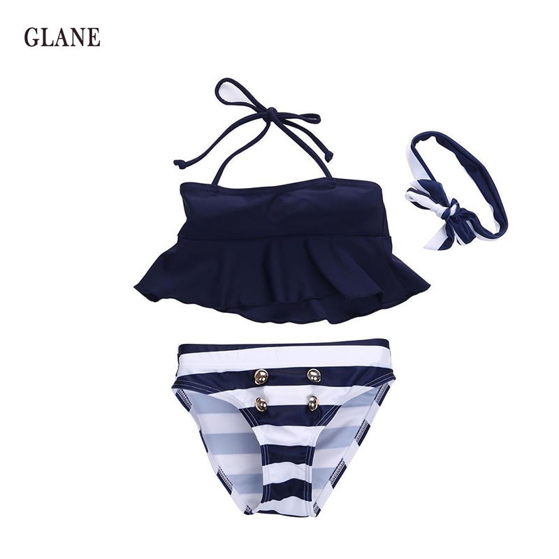 Bikini a rayas para niños y niñas, traje de baño de dos piezas con estampado de rayas, cintura alta,