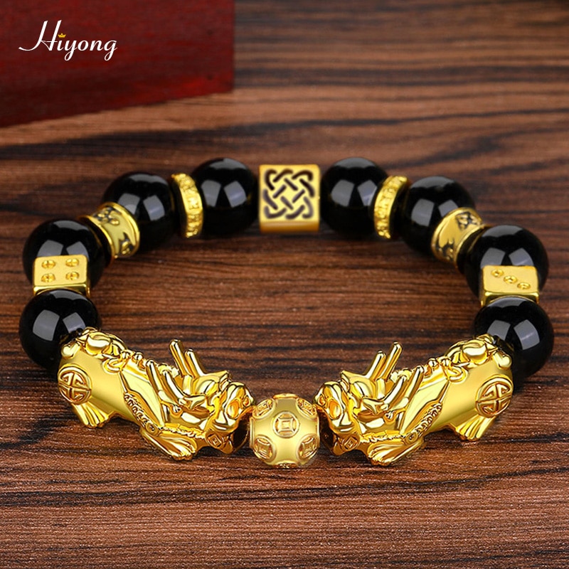 Zwart Obsidiaan Steen Kralen Armband Bixie Feng Shui Armband Goud Kleur Boeddha Geluk Rijkdom Armbanden Voor Vrouwen Mannen Sieraden