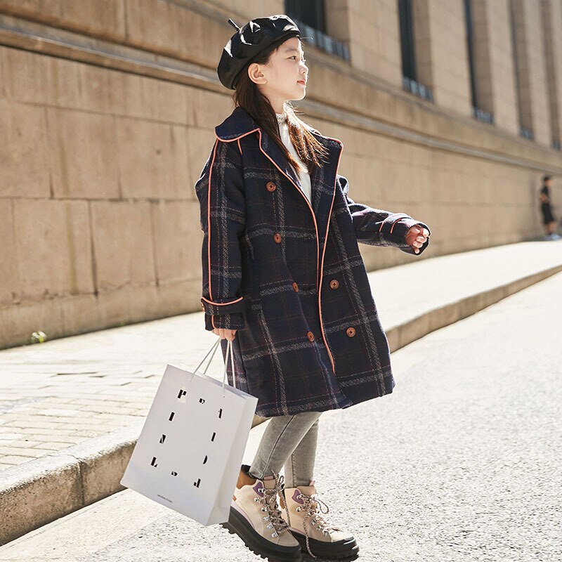 Cappotto di lana per bambina 2021 autunno e inverno nuovo plaid retrò giacca a vento spessa di media lunghezza cappotto di lana per bambini abbigliamento abbigliamento