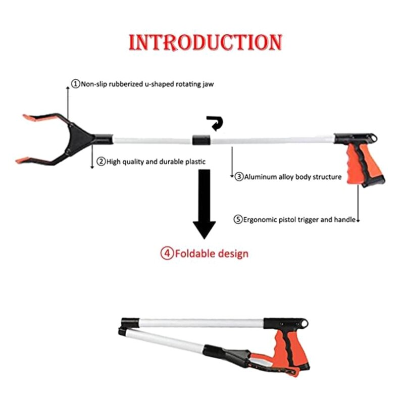 Foldable Long Trash Clamps Grab Pick Up Tool Curved Handle Garbage Clip Portable