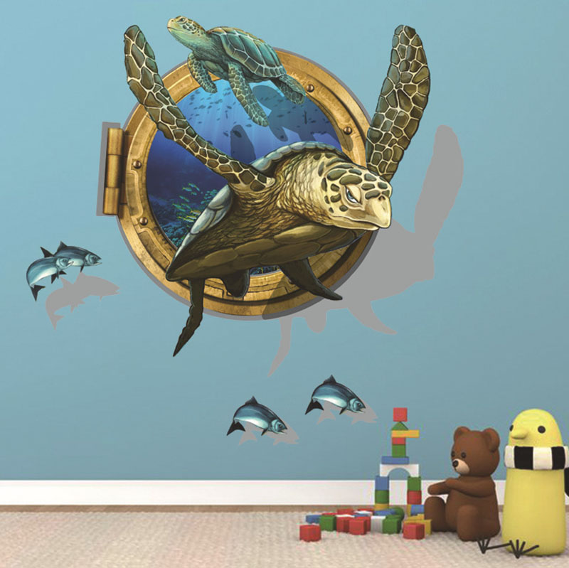 3D mar mundo tortuga pared pegatina submarino calcomanías de peces Coral casa decoración para niños habitación papel tapiz dibujos animados decoración del hogar de animales