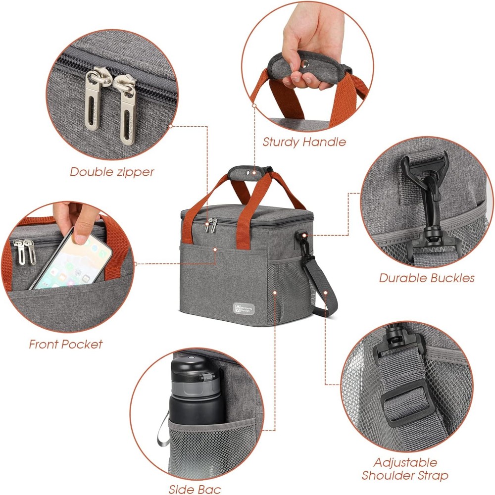 Bolsa de almuerzo para mujer, lonchera aislada, bolsa grande para el almuerzo, soporte para bebidas, organizador de aperitivos térmicos duradero para Picnic, senderismo y playa
