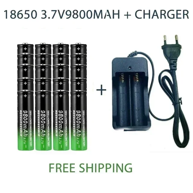 18650 Battery Rechargeable Battery 3.7V 18650 9800mAh Capacity Li-ion Rechargeable Battery For Flashlight Torch Battery+Charger: black