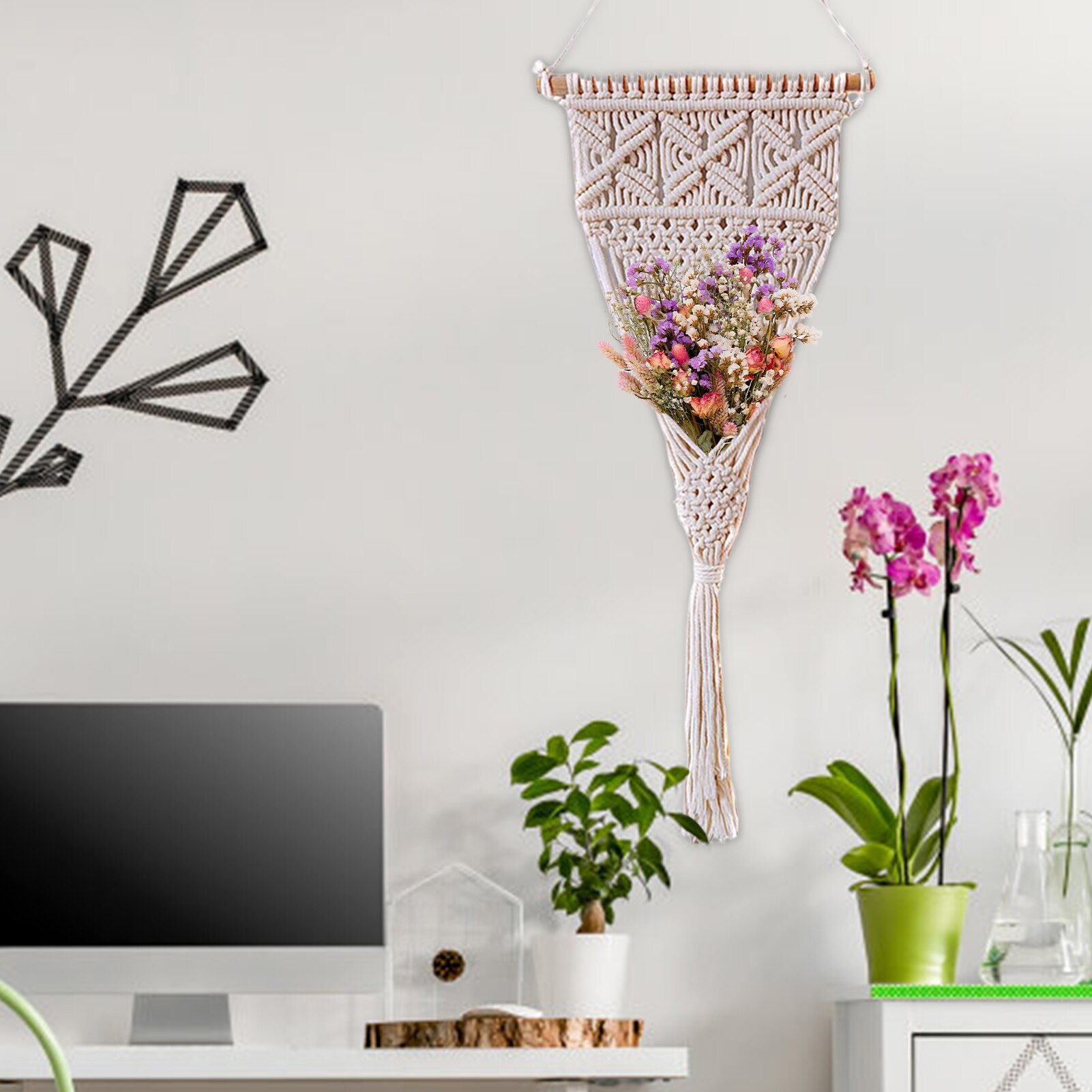Wall Macrame Planter Plant Er Indoor Decorative Flower Pot Wall Holder With Wooden Rod Cotton Rope Handwoven Boho Gardening