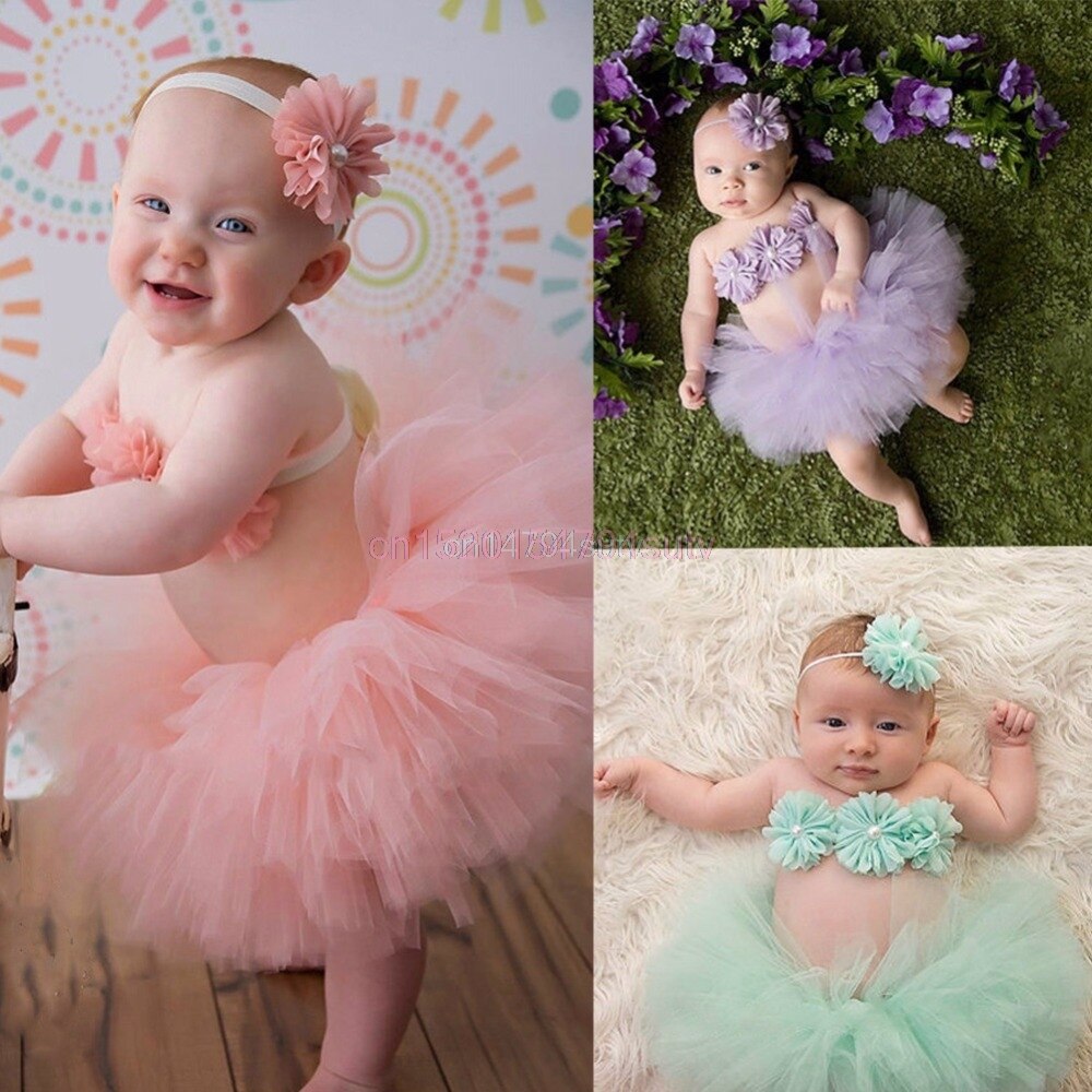 Dejlig baby toddler pige blomster tøj + hårbånd + tutu nederdel foto prop kostume  #h055#