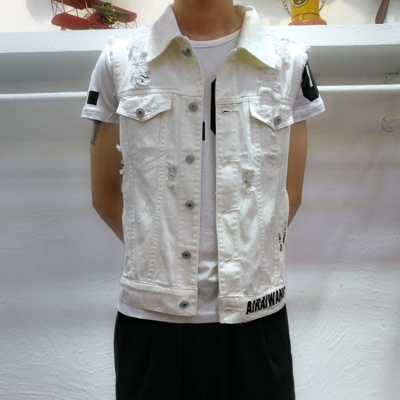 Neue Frühjahr knapp Gedruckt Mens ärmellos Denim Westen Einreiher See Zerrissene Dünne Männlichen Westen Plus Größe