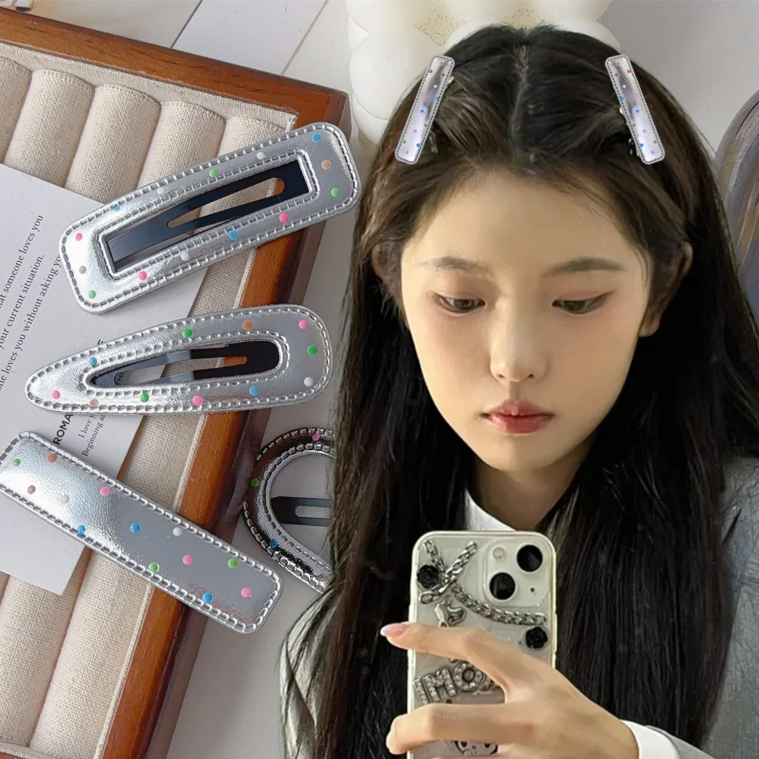 Horquillas plateadas de PU Y2K, pinzas para el cabello de varios estilos, estrellas BB, horquillas con Clip, pasador lateral bonito, accesorios para el cabello para mujer