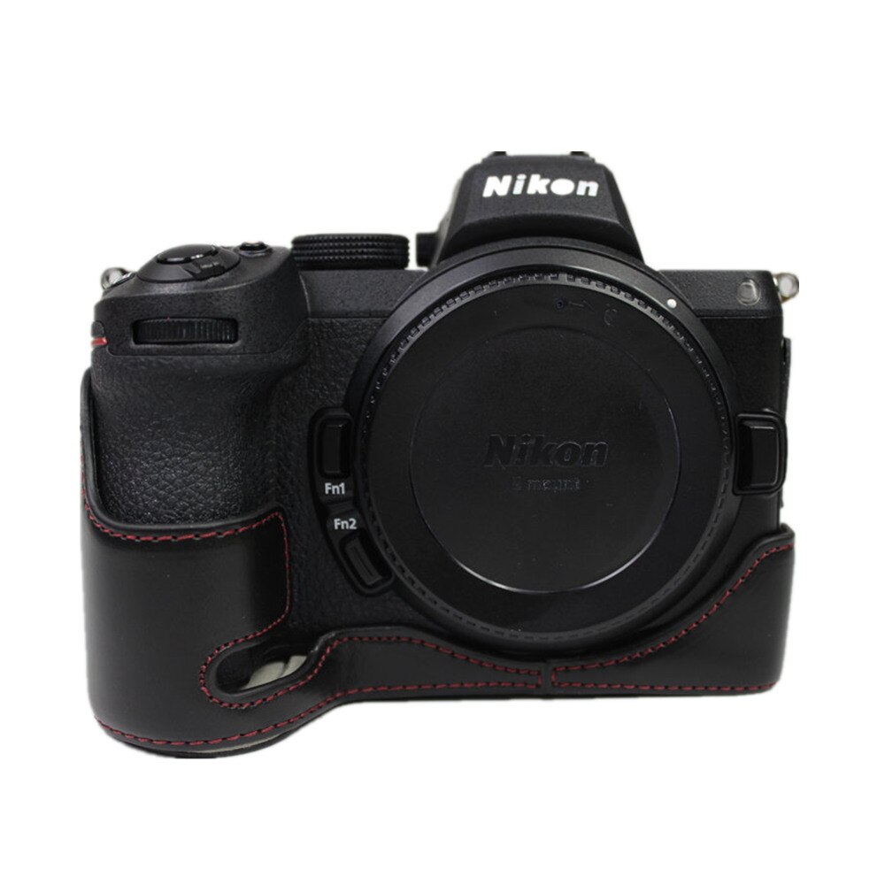 Kamera taske taske pu læder halv krop sæt cover til nikon  z5 z6 z7 bund sag med batteri åbning sort / brun / kaffe
