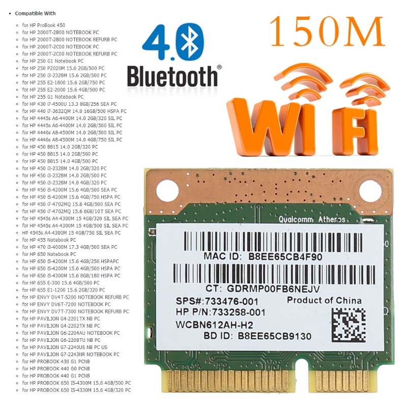 Bluetooth 4.0 Wifi Wireless Mini PCI-E Card For HP QCWB335 AR9565 SPS 733476-001