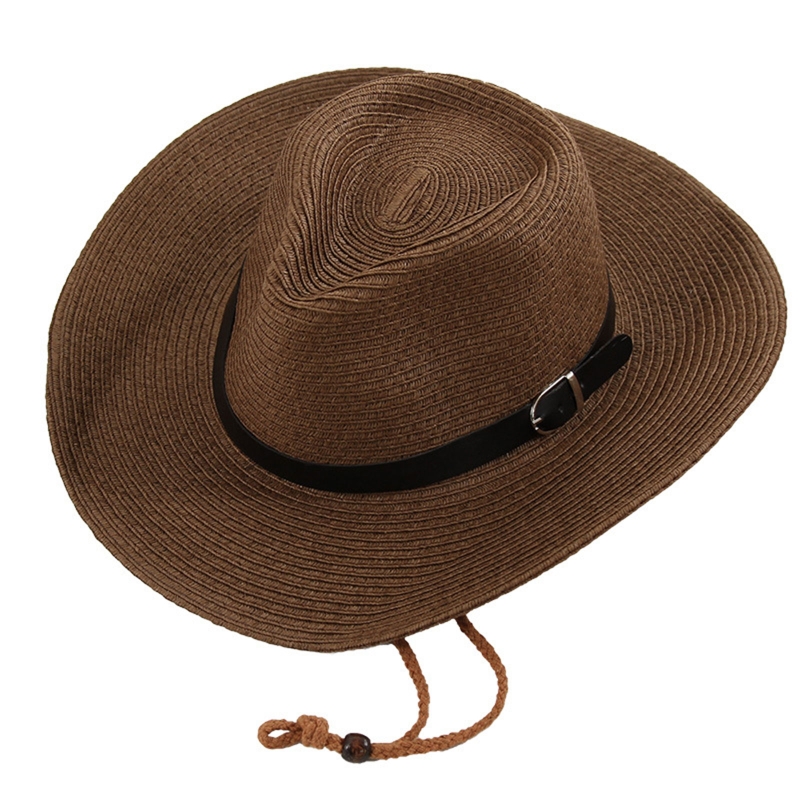 Western Cowboy Hat Simple Straw Hat with Windproof Rope &amp; Sweat Absorbent Inner Band All-match for Street Strolling: coffee