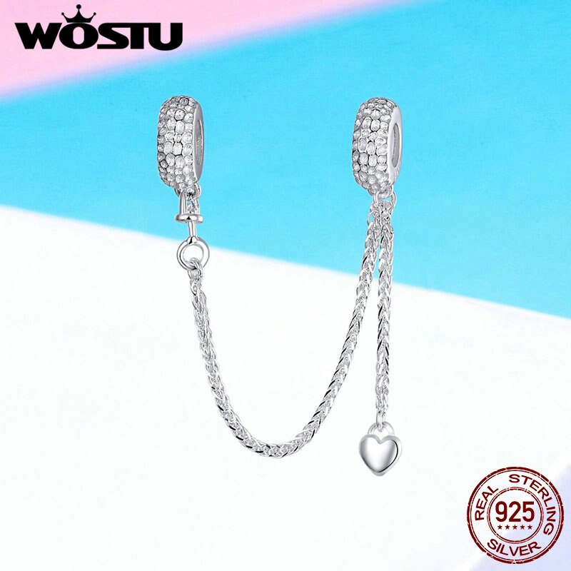 WOSTU Real 925 Sterling Silver Heart Charm Safety Chain Bead Fit Original Bracelet Necklace Pendant For Jewelry Making CQC1112