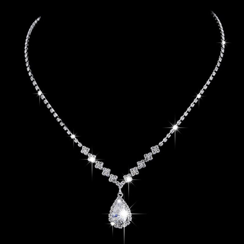 Rhinestone Waterdrop Wedding Jewelry Set Crystal Earring Pendant Necklace Bridal Bridesmaid Jewelry Sets
