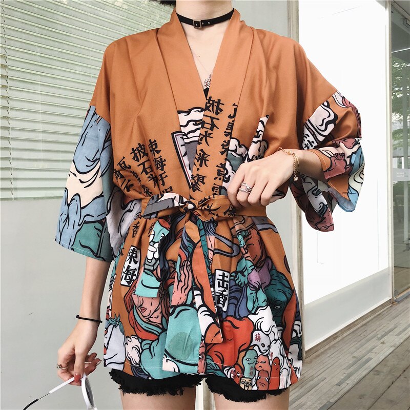 Japansk stil kimono langærmede skjorter traditionelle yukata barselskvinder kimono japansk pigetøj til gravide: Orange