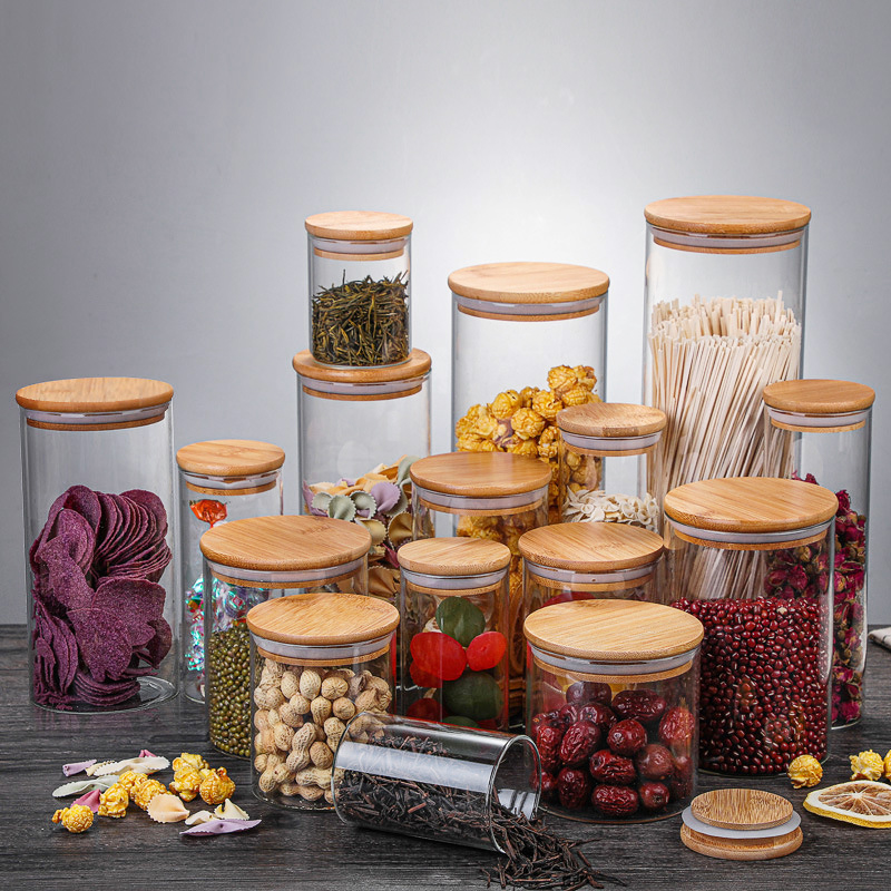 Bocaux pour céréales en vrac, stockage dans la cuisine, bouteille en verre scellé, récipient alimentaire, couvercle en bois, grains de café, épices, sucre, organisateur