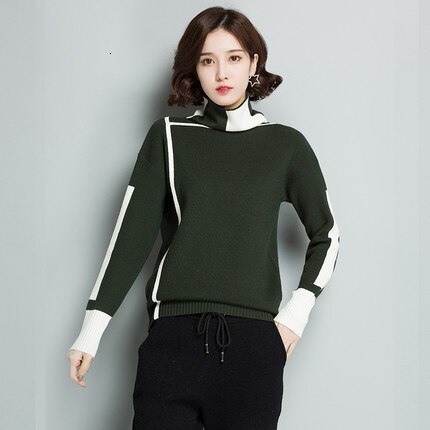 Vrouwen Geel Coltrui Winter Patchwork Trui Lange Mouw Gebreide Warme Dikke Truien En Pullovers Vrouwelijke Jumper Tricot Tops: Blackish green / XXL