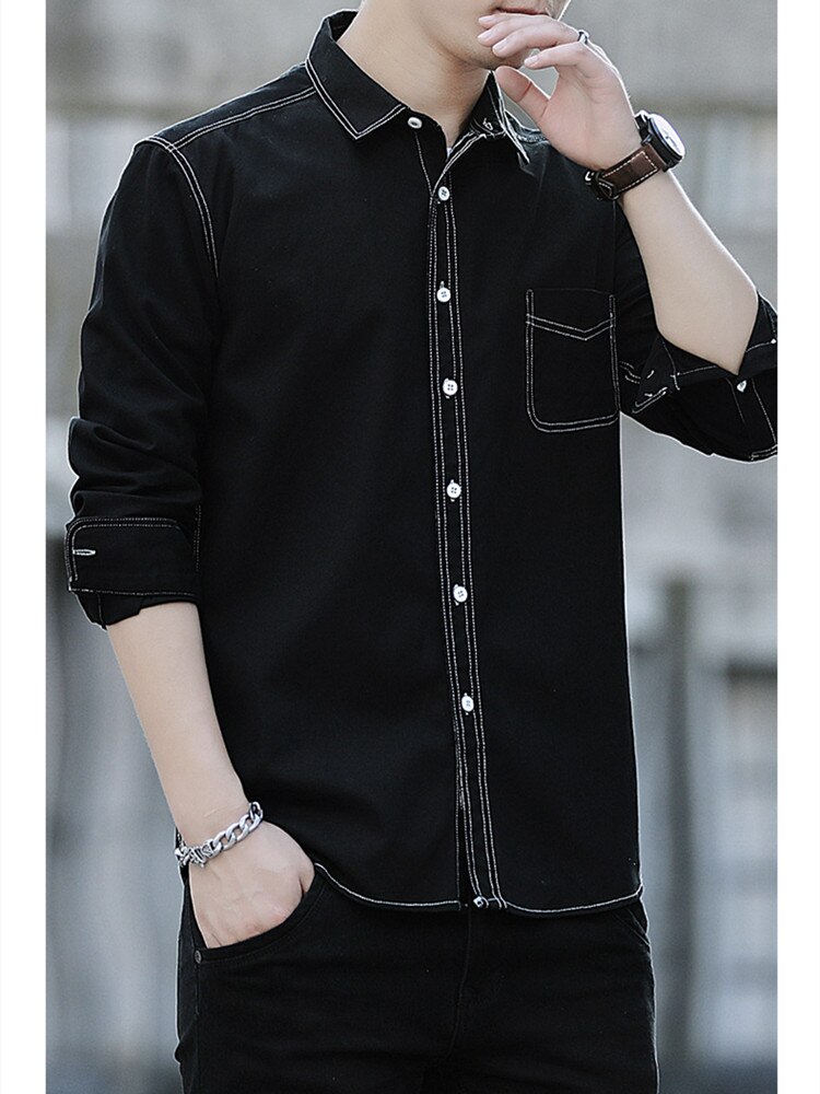Camisa de algodón de 100% negra, camisa informal japonesa, tejano de imitación, lisa, de manga larga, simple, a la , novedad de