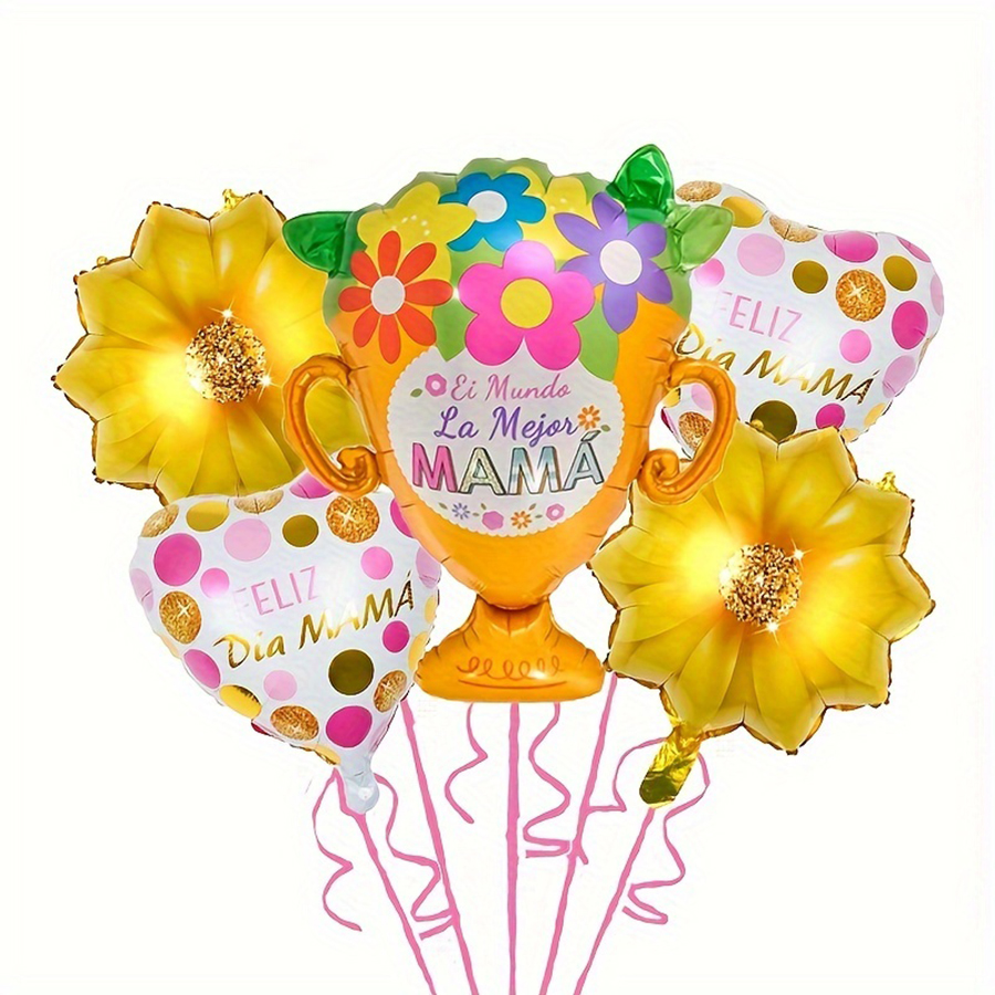 Conjunto de balões para decoração de dia das mães, 5 peças, cesta de flores de girassol, troféu, decoração de casa