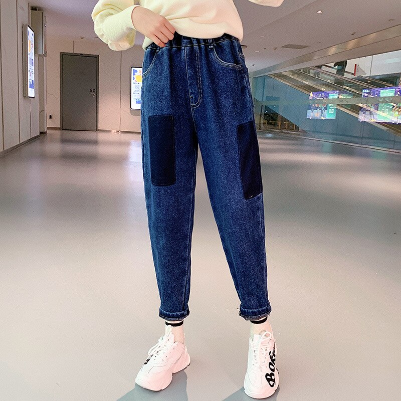Girls Autumn Denim Pants Outer Wear Children Winter Clothes Kids Casual Sport Slacks Stitching Teenage Plus Velvet Padded Jeans