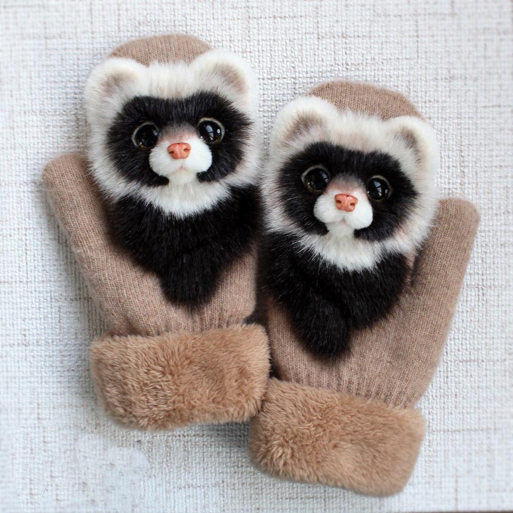 Bebê dos desenhos animados luvas de tricô de inverno quente das crianças para crianças espessamento luvas de malha presentes de natal: raccoon