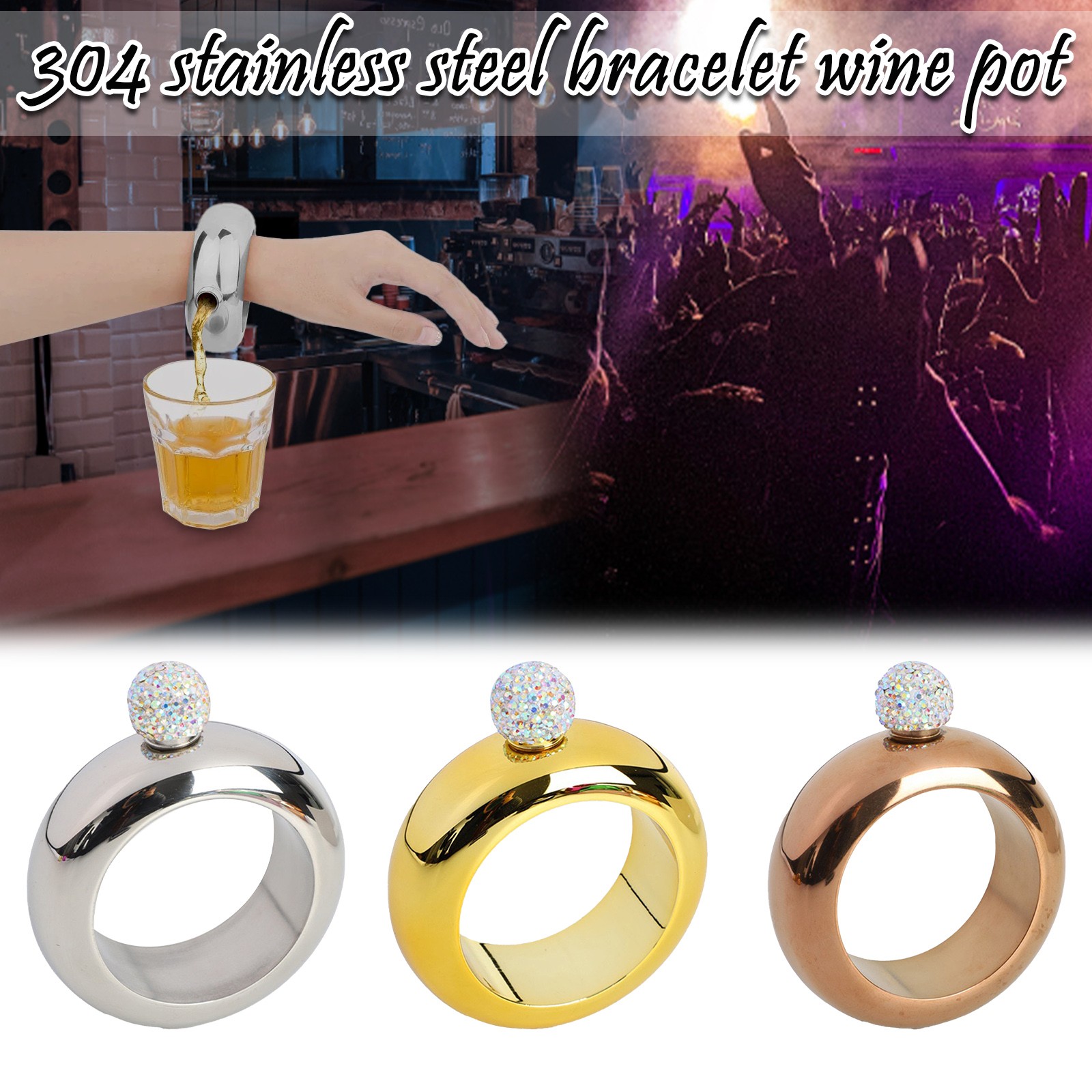 304 bracciale in acciaio inossidabile fiaschetta bottiglia di vino rotonda portatile bracciale con coperchio diamante russo bottiglia di fiaschetta Whisky #58