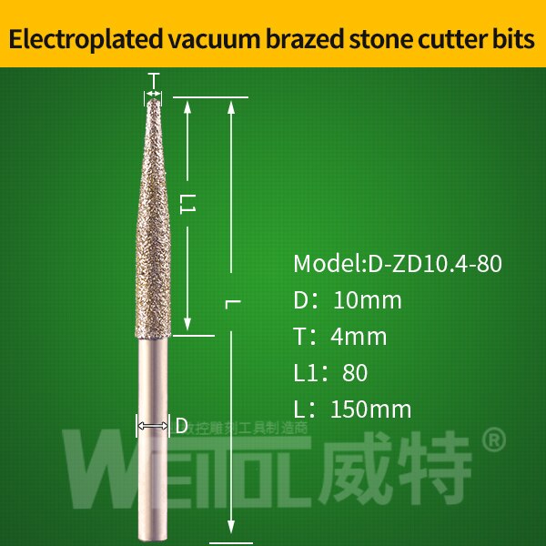 Weitol 10mm elektrolyyttinen timanttihiomakiviterät kartiojuotetut jyrsimen terät cnc-terä graniitille: D -zd10.4-80