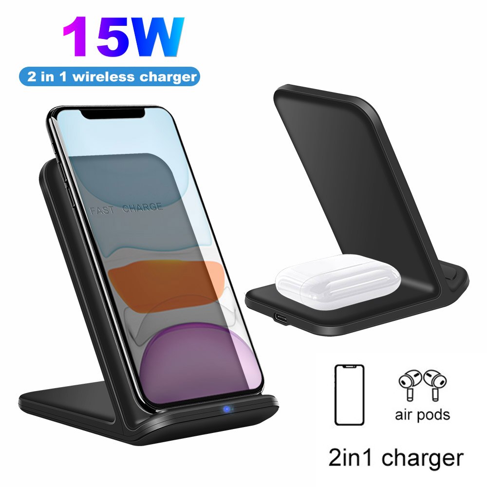 Kabellose ladestation für iphone 15w 13 2 in 12 11 xs, xr 1 qi  x 8 , samsung  s20 s10 s9, airpods pro und zwei geräte – schnellladestation